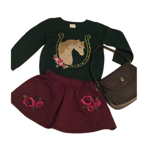 🌺GYMBOREE cranberry skirt&pine green top horse set girls NWT size 12-18 months